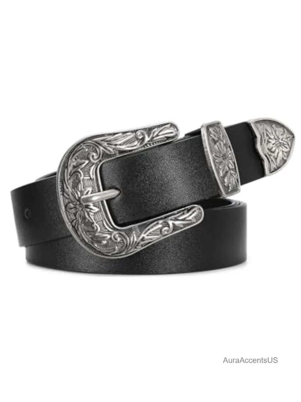 Vintage Western Belt for Women PU Leather 1.1 Inch Cowgirl Belt with Silver